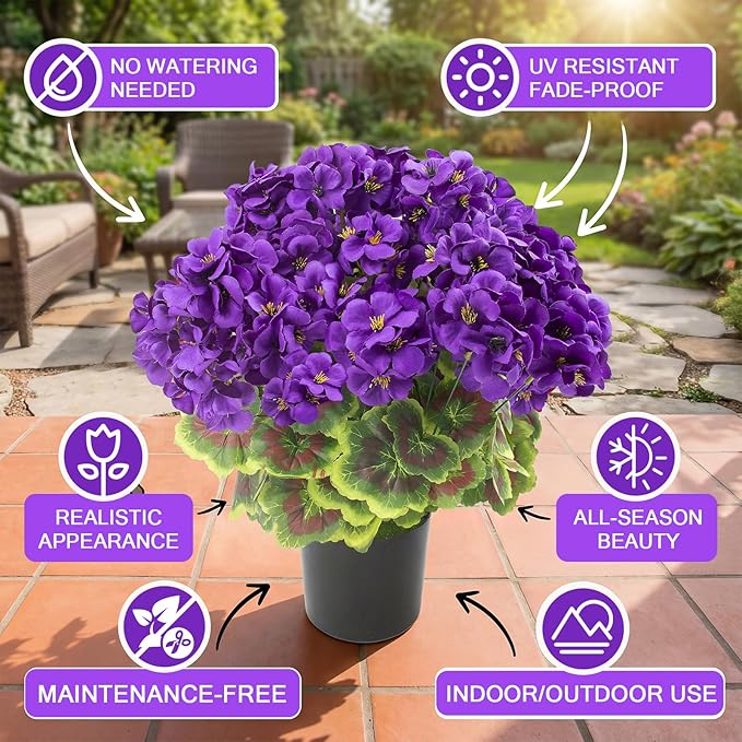 lovemoon 2Set Geranium Potted Artificial Flowers,Fake Geranium Plants for Outdoor Home Décor Office Tables Porch Garden Decor (2, Purple)