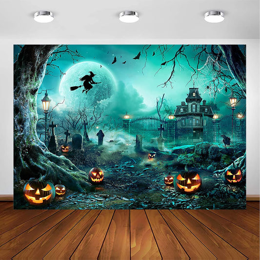 Avezano Halloween Photography Backdrop Full Moon Scary Night Castle Pumpkins Party Background Spooky Witch Bats Cemetery Child Kids Halloween Party Decorations Photoshoot Backdrops (10x7ft, Green)