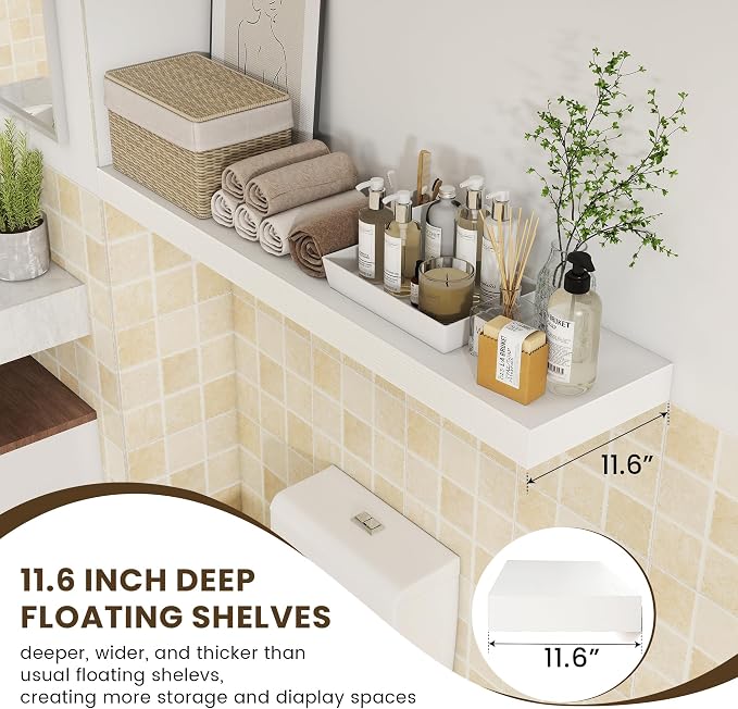 FLYJOE Deep Floating Shelves, 48 Inch White Shelves Set of 1 | 12 Inch Deep Shelves for Wall, 48'' x 12'' Rustic White Wood Shelves for Bathroom Living Room Laundry Room Kitchen