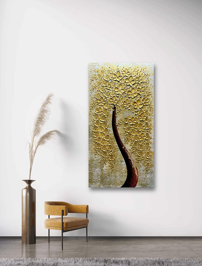 Yika Art Paintings - 24X48 Inch 3D Golden Flower Tree Wall Art Abstract Textured Knife Platte Acrylic Painting on Canvas 3D Flowers Tree Paintings Ready to hang
