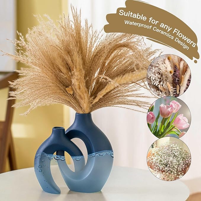 Lvases Snuggle Hollow Ceramic Vase Set of 2, Nordic Modern Boho ins Style Ceramic Aesthetic Flower Vases for Home Decor Living Room Coffee Table Decorative (Matte Navy Blue W 6.3" X H 8.4")