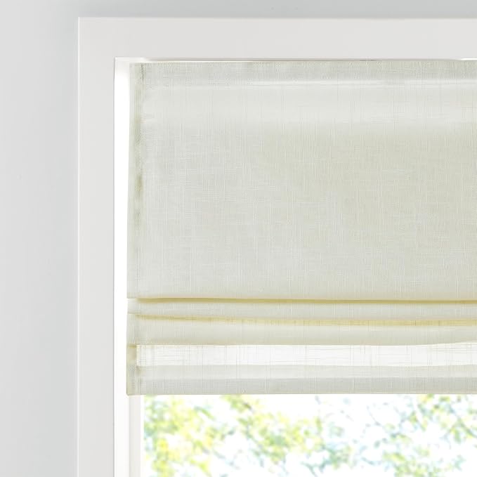 Madison Park Kyler Cordless Roman Shades - Single Panel, Lightweight Linen Blend Fabric, Natural Design, Easy Installation, Light Filtering Window Blind, Bedroom, Living Room Decor 31"W x 64"L Ivory