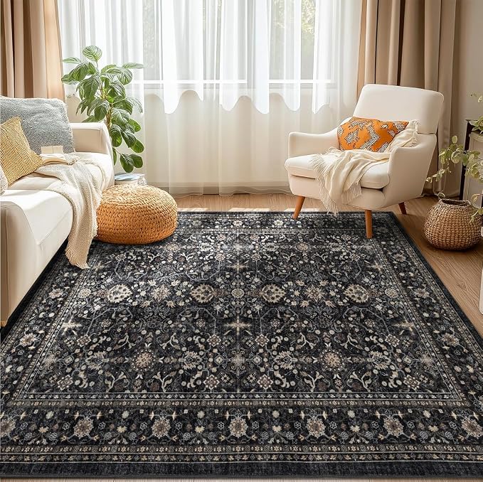 Ruaruarug Washable Area Rug 5x7 for Living Room, Bedroom, Ultra Soft Non Slip Stain & Fade Resistant, Pet & Kids Friendly, Suitable for High Traffic Areas Easy to Clean for Office Kitchen, Black Gray