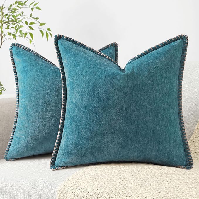 decorUhome Summer Chenille Soft Cozy Throw Pillow Covers 16x16 Set of 2, Modern Farmhouse Boho Velvet Decorative Pillow Cases with Stitched Edge for Couch Sofa Bed Home Decor, Teal