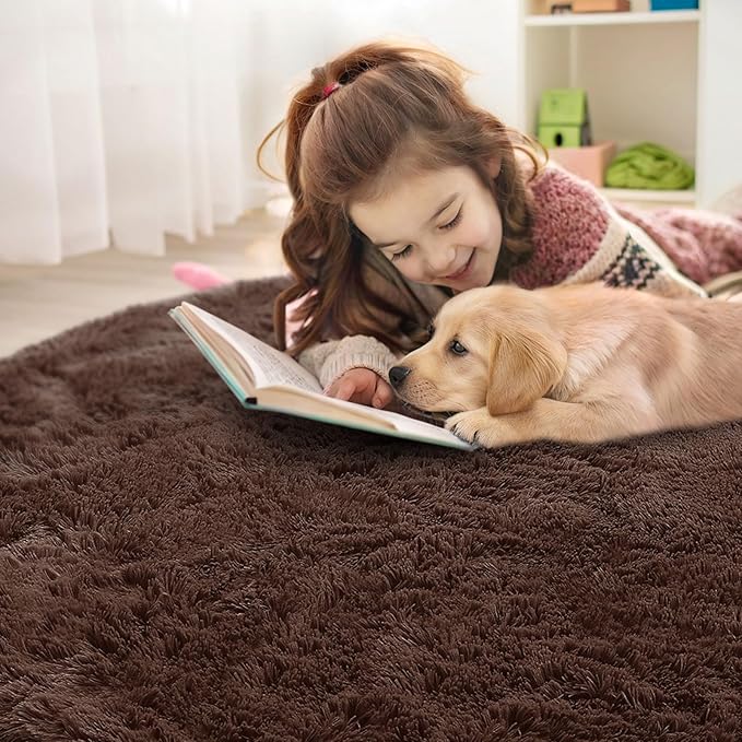 OLANLY Coffee Round Rugs for Bedroom - Machine Washable, 5 ft Circle Area Rugs for Living Room, Soft and Fluffy Shaggy Carpet for Teen Girls and Boys, Nursery Rooms, Dorms, Home Decor Aesthetic