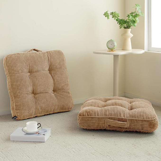 HIGOGOGO Floor Pillow Cushion for Adults, Meditation Cushion Pillow, Large Square Floor Sitting, Tufted Corduroy Cover, for Tatami Living Room or Yoga, 2Pack, Coffee