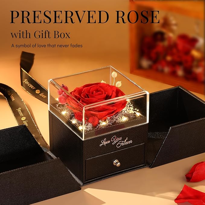FIACO Gifts for Mom Preserved Real Roses with I Love You Necklace Fresh Forever Flowers Mothers Day Flower Gifts for Women Grandma Anniversary Birthday Gift for Girlfriend Wife Daughter