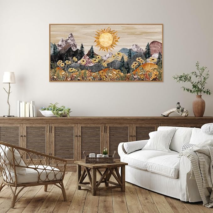Rantodecor Boho Mountain Framed Canvas Wall Art, Western Daisy Floral Landscape Wall Decor, Rustic Fern Flowers Art Painting, Modern Fantasy Nature Sun Artwork for Bedroom Living Room Office 40"x20"