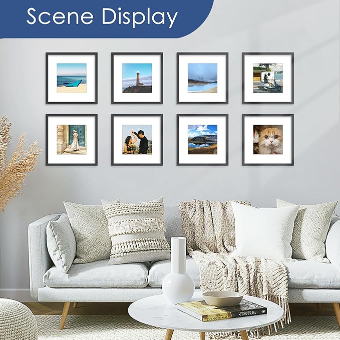 PEALSN 12x12 Picture Frame Set of 6, Display Pictures 8 x 8 with Mat or 12 x 12 without Mat for Wall Mounting Display, Photo Frames Collage for Wall Decor, Black.