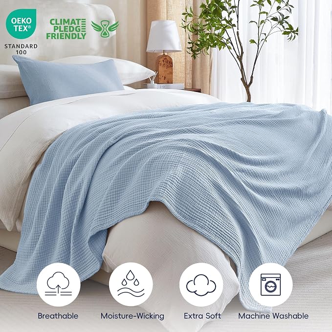 PHF 100% Cotton Muslin Blanket King Size 108"x90", 4-Layer Lightweight Gauze Throw, Breathable Cloud-Soft Minimalist Blanket for Bed, Couch, Camping & Baby, Ancient Water, Ideal Gift
