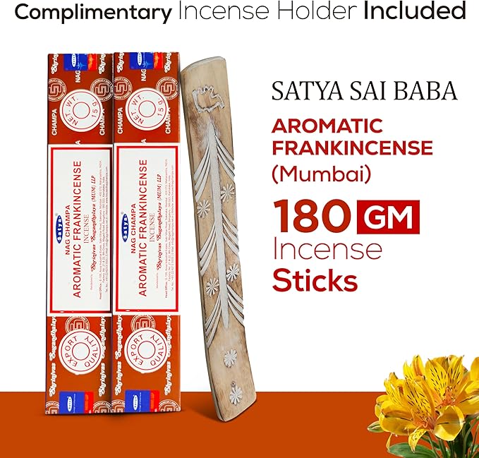 Satya Aromatic Frankincense Incense Sticks 180 gm (15GM X 12 Pack) from Satya Sai Baba Nag Champa and Raajsee Incense Sticks Holder Bundle, Free from Chemicals,Natural Insenses