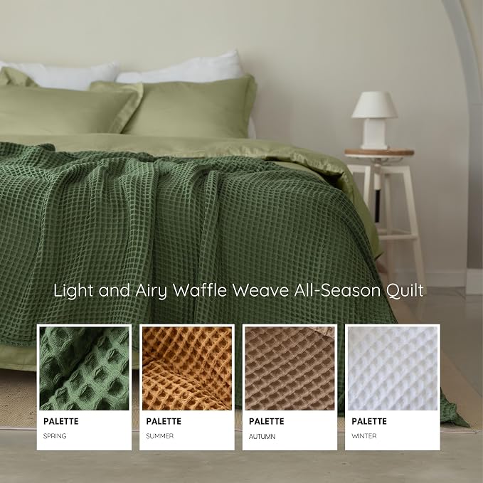 Premium Waffle Throw Blanket Queen XL Size Green - Luxury, Pure 100% Turkish Cotton, Light & Airy Waffle All-Season Quilt - Decorative Bedspread (Dark Green, Queen XL 95" x 102" Inch)
