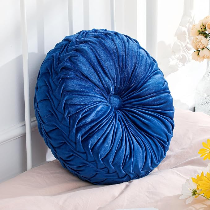 Drydiet 1 Pcs Round Throw Velvet Pillows Decorative Pleated Throw Pillows Diameter Accent Pumpkin Boho Chair Cushion for Couch Sofa Home Decoration (Royal Blue,15'')