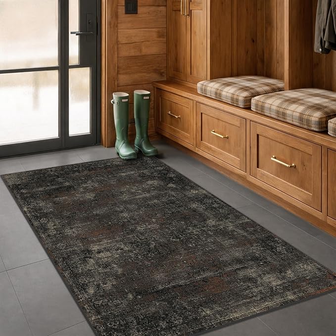 Black 3x5 Washable Entryway Rug, Non Slip Indoor Kitchen Rug, Dark Charcoal Farmhouse Low Pile Area Rug for Mudroom, Bedroom, Bathroom & Laundry Room