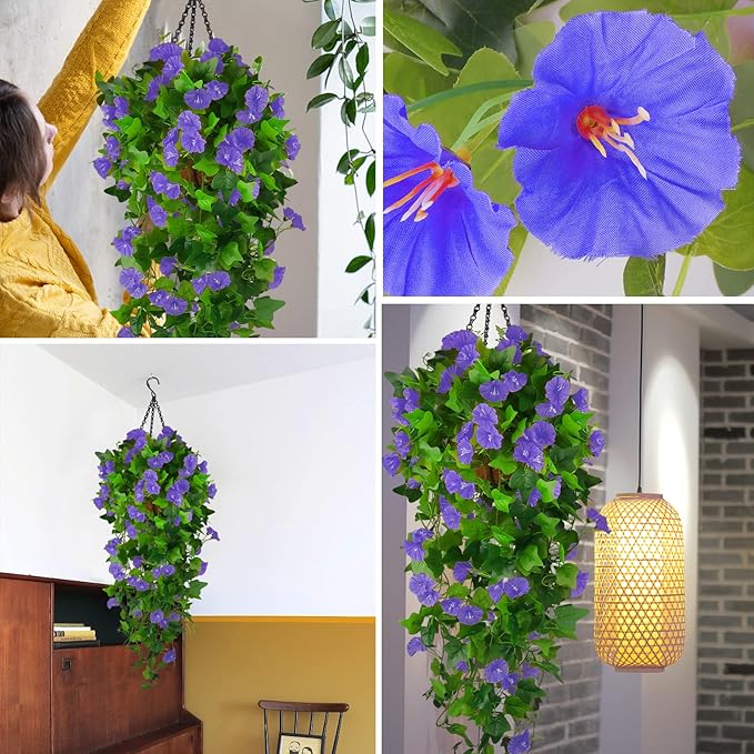 Artificial Fake Hanging Flowers Plants Basket for Spring Outdoor Outside Decoration, UV Resistant Faux Plastic Fabric Flower Morning Glory Wisteria Petunia for Garden Porch Patio Balcony Yard Decor
