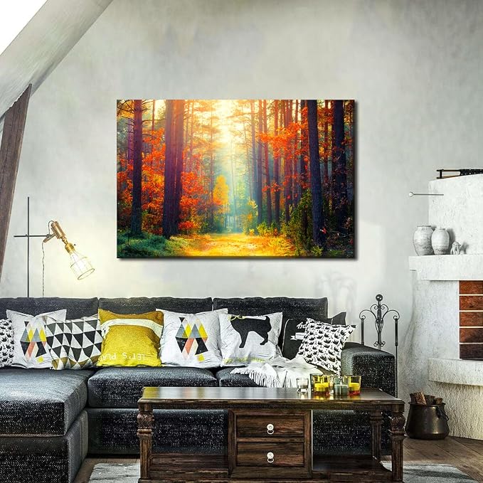 Large Fall Pictures Wall Art Autumn Forest Scenery Canvas Prints Living Room Bedroom Decor Nature Tree Poster Orange Maple Leavers Landscape Paintings Bathroom Sunshine Artwork Home Decorations 32x48