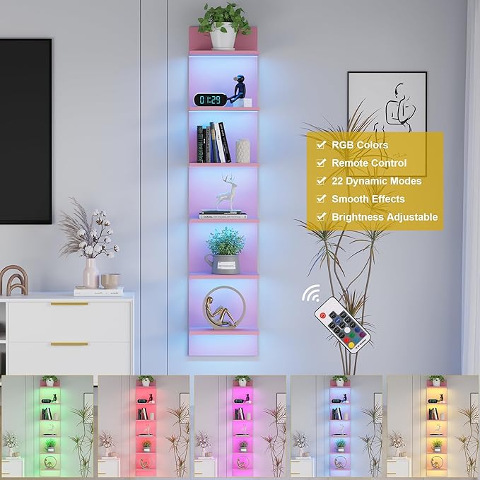 Qupui 6 Tier Wall Shelf Unit with LED Light, Display Floating Storage Home Decor Organizer Shelves for Bedroom Living Room, Pink