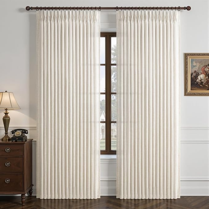 Pleated Viral Linen 60 Inch Extra Wide Sheer Curtains 90 Inches Long for Dining Room, Memory Trained Pinch Pleat Light Filtering Privacy Bedroom Drapes Ivory Birch Cottage Core Window Curtain 1 Panel