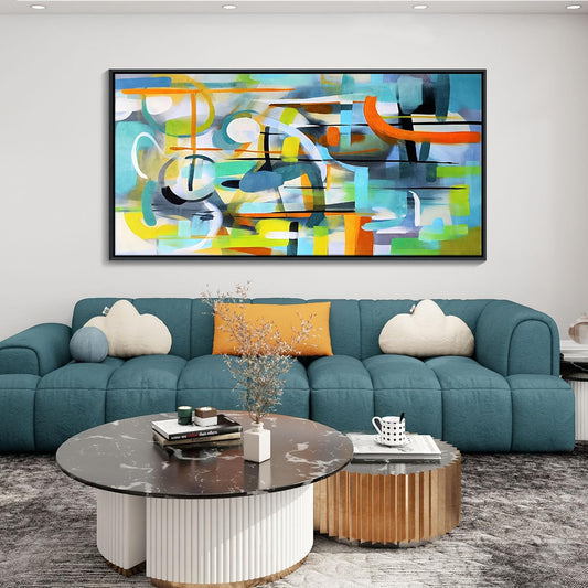 Mofutinpo Abstract Wall Art Framed Pictures for Living Room Wall art - Large Modern Abstract Canvas Wall Decoration-Colorful Wall Art-Teal And Blue Line Art - Graffiti Paintings for Bedroom 29×58IN