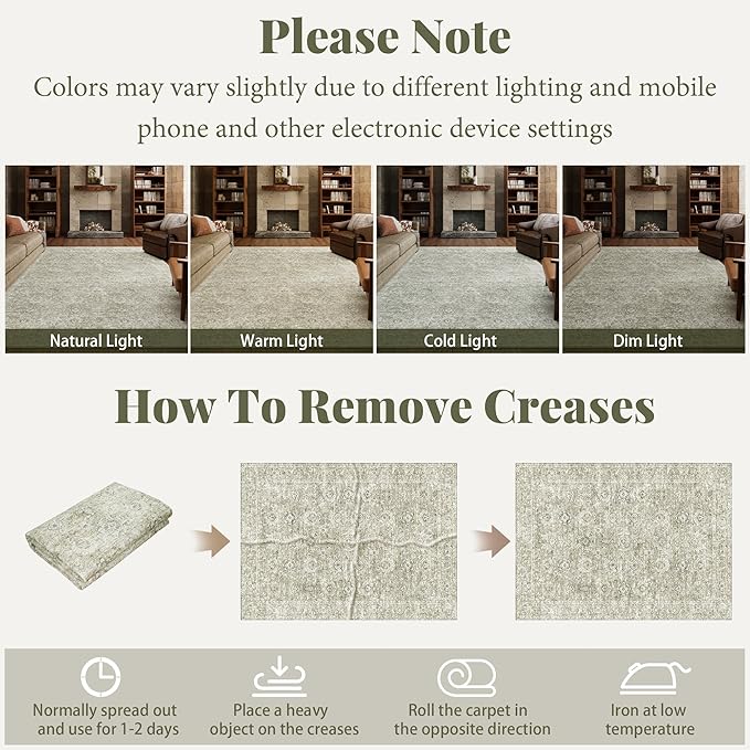 Washable Rugs for Living Room: 8x10 Area Rugs for Bedroom Ultra Soft Non-Slip Stain Resistant Vintage Boho Large Carpet for High-Traffic Dining Room - Farmhouse Decor