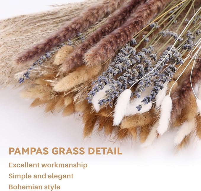 710Pcs Natural Dried Pampas Grass Decor, 9 Types Dried Flowers for Vase, Boho Pampas Bouquet for Wedding, Party, Centerpiece Table, Modern Home, Western Living Room, Nursery, Farmhouse Decor 17''