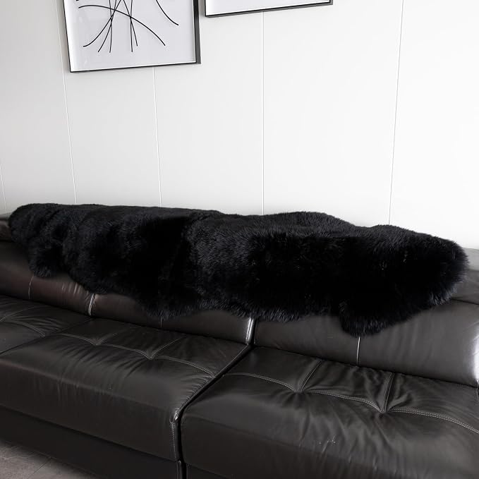 Sheepskin Rug, Fluffy Shag Area Rug, Super Soft 24” x 72“ Sheepskin Hair Rug, Inky Black Pile Rug, Decorative Throw Rugs for Bedrooms, Children's Rooms, Living Rooms (Inky Black, 24" x 72")