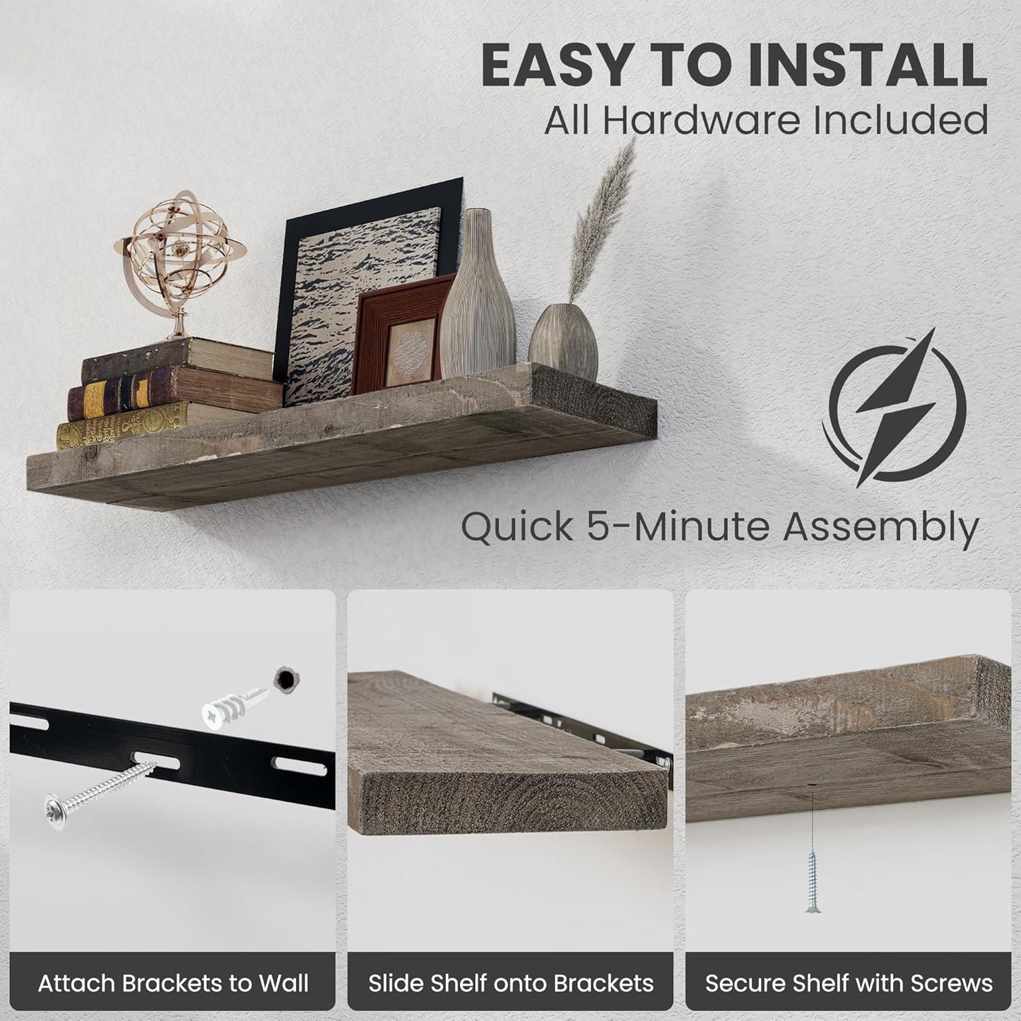 Floating Shelves, 8 Inch Deep Rustic Solid Reclaimed Wood Wall Shelves for Storage, Wall Mounted Display Shelving with Invisible Heavy-Duty Metal Bracket, 30 Inch Width Set of 2, Grey