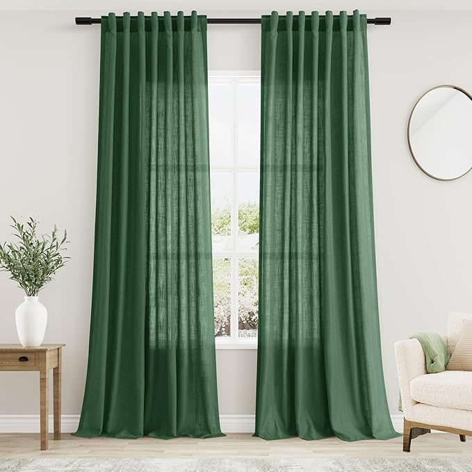 Green Linen Textured 96 Inch Curtains 2 Panel Set Back Tab Rod Pocket Sheer Light Filtering Boho Room Decor Aesthetic Curtains Burlap Look Curtain Drapes for Living Room Bedroom 8Ft 52x96 Inch