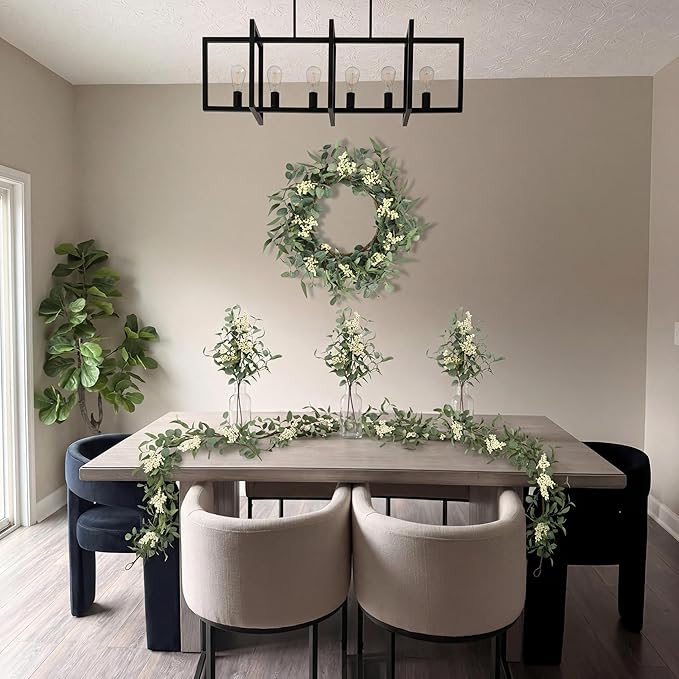 Pinkpum 20'' Eucalyptus Wreath 6FT Greenery 20'' Artificial Plants Set 6 for Front Door Fireplace Table Hanging Porch Wall Home Window Decor Farmhouse Garden Indoor Outdoor Summer Spring Fall Garland