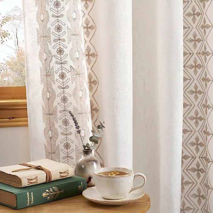 NICETOWN 102" Long Thick Cream Linen Curtains Light Sand Floral Pattern - Elegant Drapes for French Sliding Door, Farmhouse Style Privacy Enhancing Floor to Ceiling Window Treatments, 52 x 102, 2 Pcs