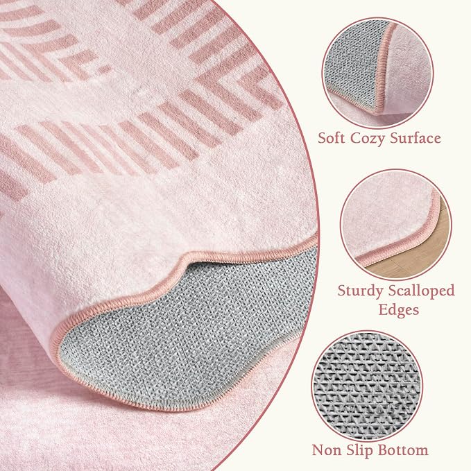 Washable 6ft Area Rugs for Living Room, Solid Pink Non Slip Rugs for Bedroom Girls, Stain Resistant Scalloped Soft Carpet for Nursery Dorm Dining Room