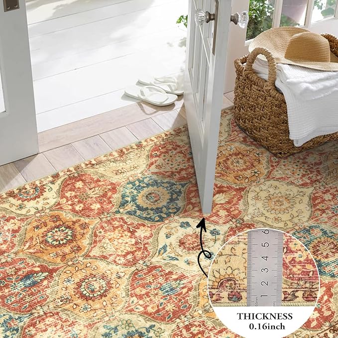 Lahome Moroccan Trellis Washable Round Rugs, Non-Slip Soft Round Rug 4ft Ultra-Thin, Small Vintage Circle Carpet for Entryway Kitchen Bedroom Nursery Bathroom Elise, Red/Orange
