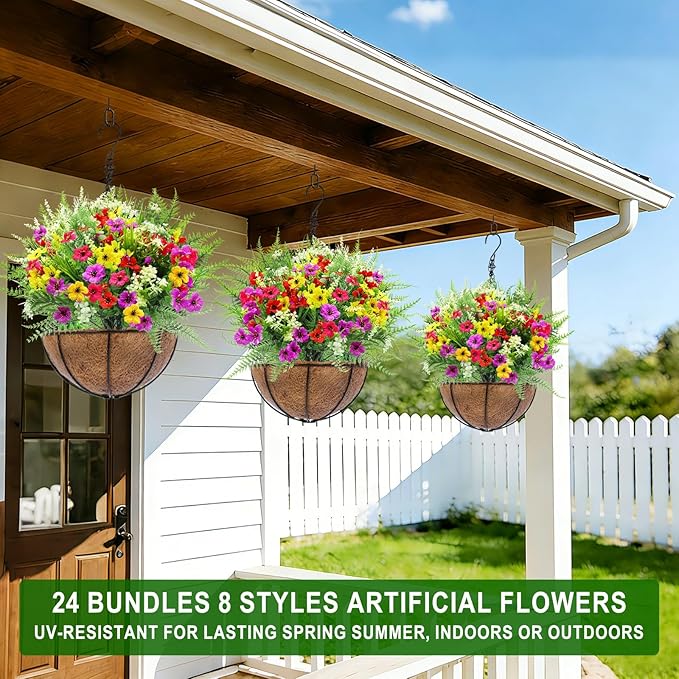 24 Bundles 8 Styles Artificial Flowers for Outdoors UV Resistant Fake Flowers Faux Plastic Plants Colorful Daisy Boston Fern Lavender Cemetery Flowers for Outside Indoor Home Porch Patio Spring Decor