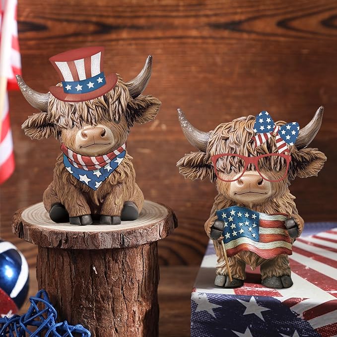 Karenhi 2 Pcs Patriotic Highland Cow Decor American Flag Figurines for 4th of July Memorial Day, Red White Blue Resin Cow Statues for 250th Anniversary Home Table Garden Decor