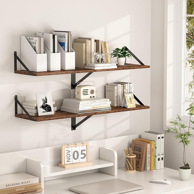 Heimlove Deep Floating Shelves for Wall, 32W x 12D Wood Wall Shelves Set of 2, Wide Floating Bookshelf for Living Room, Kitchen, Office, Bedroom and Decor Storage, with Metal Bracket - Rustic Brown