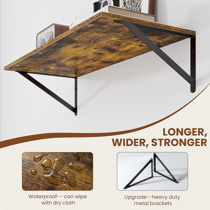 Heimlove Deep Floating Shelves for Wall, 28W x 12D Wood Wall Shelves Set of 2, Wide Floating Bookshelf for Living Room, Kitchen, Office, Bedroom and Decor Storage, with Metal Bracket - Rustic Brown