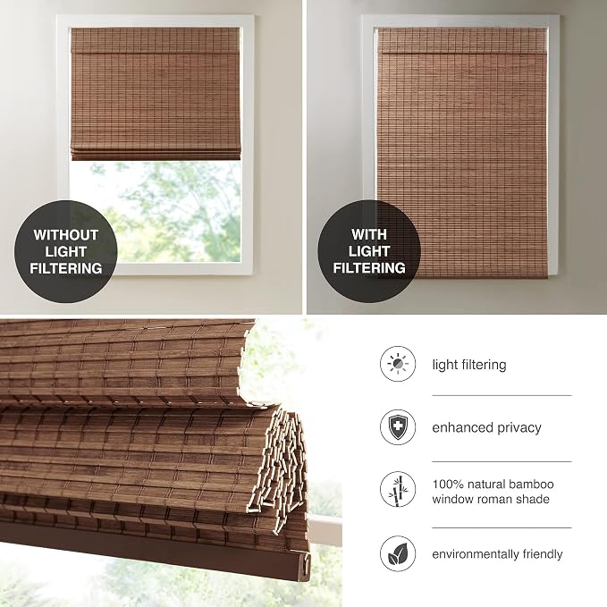 Madison Park Eastfield 100% Bamboo Cordless Roman Shades-Woven Wooden Privacy Panel, Light Filtering Easy Installation Window Blind Treatment, Bedroom, Living Room Decor, 35" W x 64" L, Teak