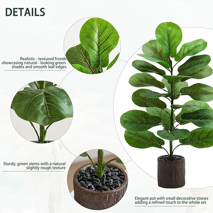 2 Pack Artificial Fiddle Leaf Fig Tree 30in, Large Realistic Faux Ficus Lyrata Plant with Wood-Grain Pot Table Top Faux Plant for Indoor Outdoor Home, Office, Living Room, Bathroom Decor