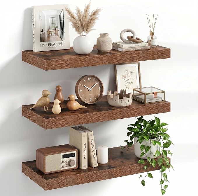 20" Floating Shelves for Wall, Set of 3, 8" Deep, 1.5" Thick, Brown | Rustic Wood Wall Shelves with Invisible Brackets, Storage and Display for Bathroom, Bedroom, Living Room or Kitchen