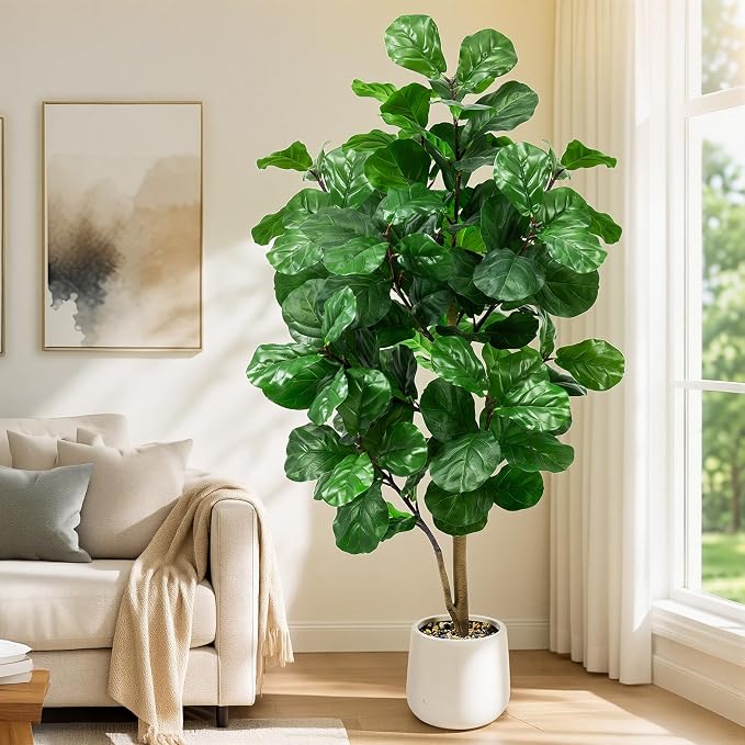 Faux Fiddle Leaf Fig Tree 6ft Tall Indoor Fake Tree in White Pot with 106 Leaves Artificial Ficus Lyrata House Plant for Indoor Home Office Bedroom Living Room Decor Perfect Housewarming Gift