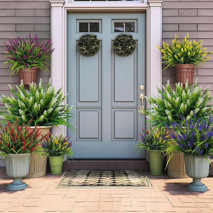 Nigirior Artificial Flowers for Outdoor Plants 24 Bundles Fake Lavender Plastic Faux Monkey Grass for Verandah Window Garden Office Patio Front Porch UV Resistant for Planter(White)