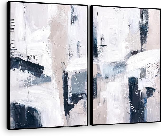 SAFERRYHOME Large Abstract Textured Framed Canvas Wall Art, Minimalist Wall Decor Neutral Painting, Modern Blue White Artwork Print for Home, Office, Living Room, 24"x36"x2