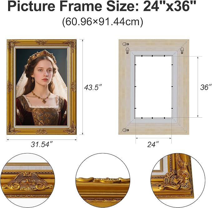 Classic 24x36 inch Picture Frames: Ornate Gold 36x24 Poster Frames for Canvas Photo Painting, Artwork, Wooden Antique Gallery Wall 24 x36 Frames without Acrylic Glass and Backing