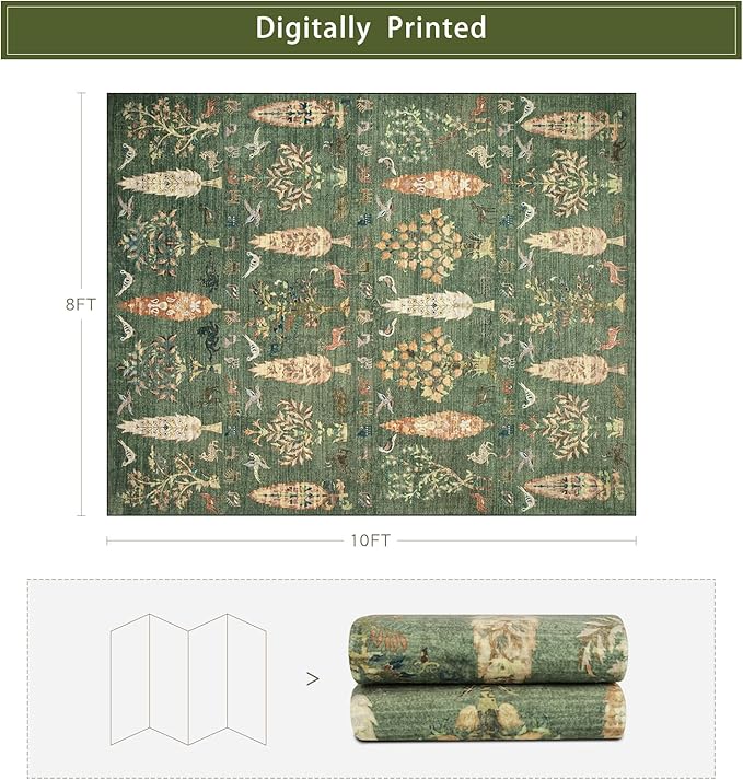 Srugn Washable Rugs 8x10 Area Rugs for Living Room,Bedroom,Dining Room- Large Ultra Soft Faux Wool Retro Carpet,Non Slip&Non-Shedding Low Pile Vintage Print Rug for Home Office Dorm-Grass Green