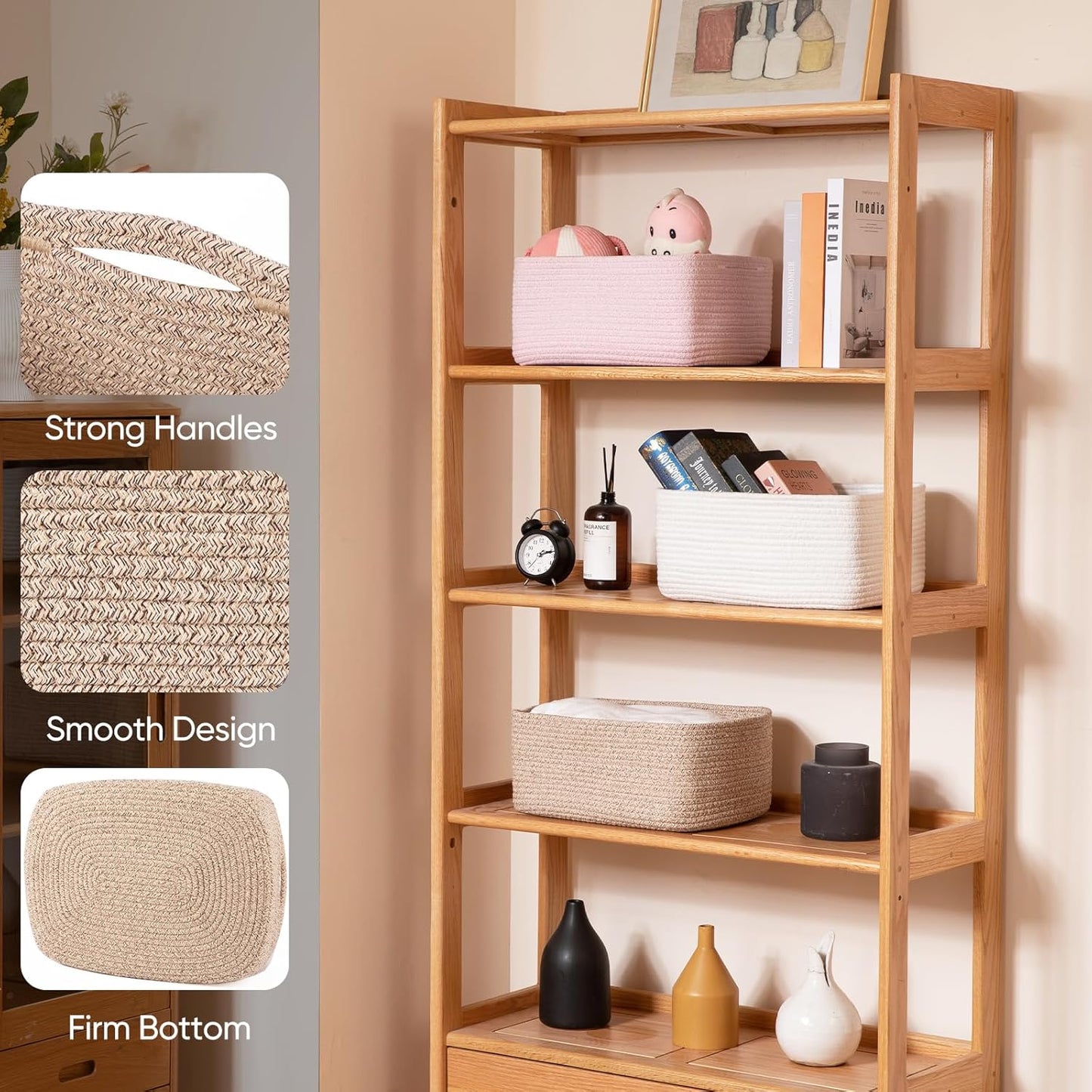 OIAHOMY 4 Pack 14.17*11.02*6.3IN Storage Baskets for Organizing Shelves, Woven Rope Baskets for Organizing Books, Clothes, Decorative Basket for Living Room, Nursery, Bedroom, Gift Basket, Brown