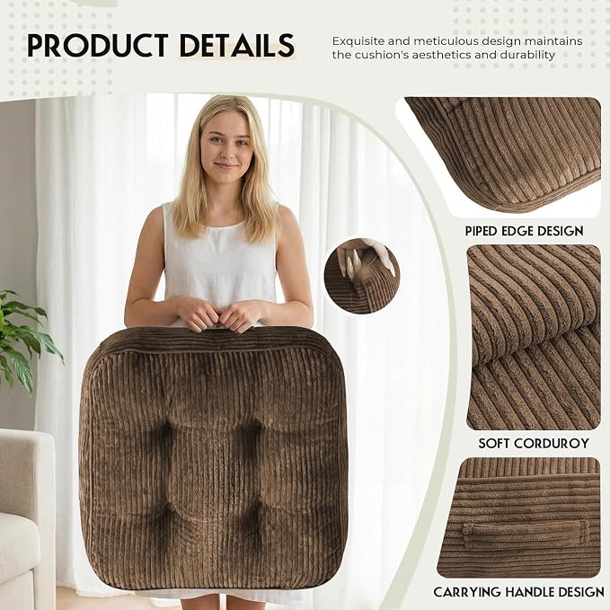 11" Thick Washable Floor Pillow for Adults, Yoga & Meditation Cushion with Handle, Square Large Pillows Seating with Removable Tufted Corduroy Cover for Tatami Living Room Board Games, Brown