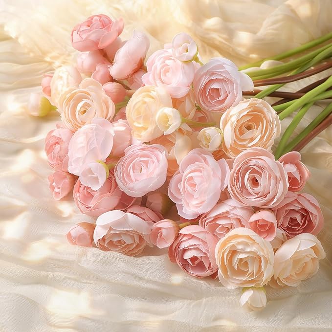 Alupssuc 30Pcs Ranunculus Artificial Flowers Faux Silk Mini Ranunculus, Artificial Flowers Indoor for DIY Bouquets, Bulk Fake Wedding Filler Flowers for Bride Decorations, DustyRose&Cream&ShabbyBlush