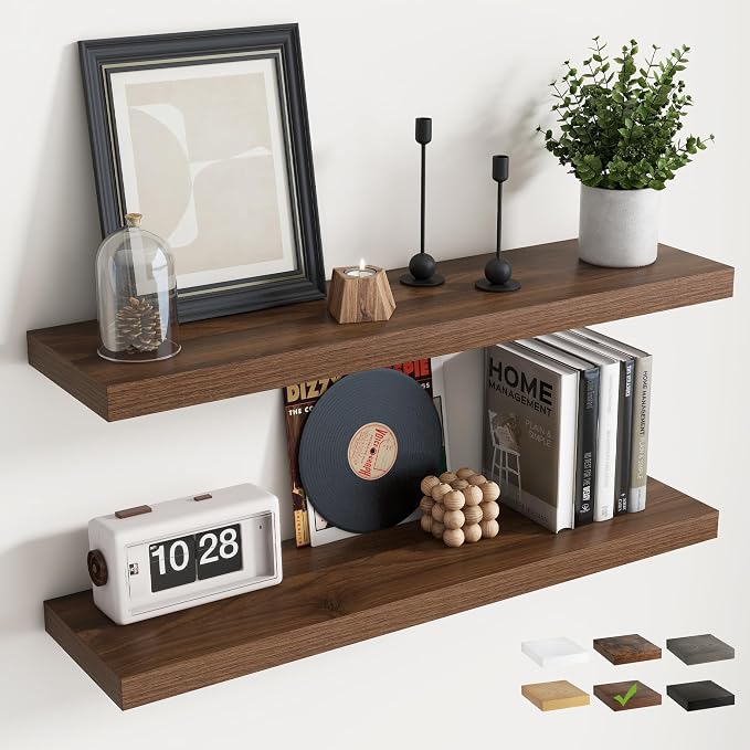 36 Inch Floating Shelves for Wall with Invisible Brackets Set of 2, 8"D Engineered Wood Wall Shelves with Wood Grain for Living Room, Bedroom, Bathroom, Kitchen Decor and Storage, Walnut Finish