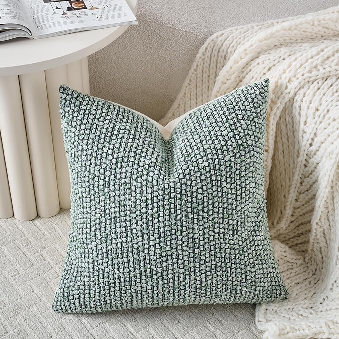 DEZENE Striped Euro Sham Pillow Covers 26x26 Set of 2 Green Textured Boucle Chic Morden Boho Accent Farmhouse Square Decorative Couch Throw Pillow Covers for Home Decor Bed Sofa Living Room