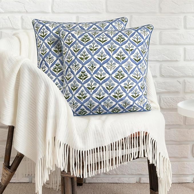 Ridhi Block Print Light Steel Blue Pillow Cover 16" x 16" (Pack of 2) Decorative Couch Pillows for Living Room, Chic Boho Cute Outdoor Pillows Covers Gifts for Spring, Easter and Valentine